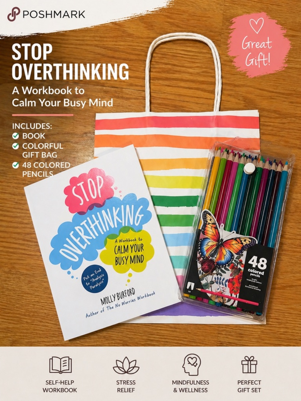 Stop Overthinking Journal Workbook + 48 Colored Pencils Gift Set